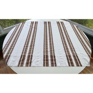 Vintage 70s mesh curtain, white, brown stripes, rod heading, price per panel